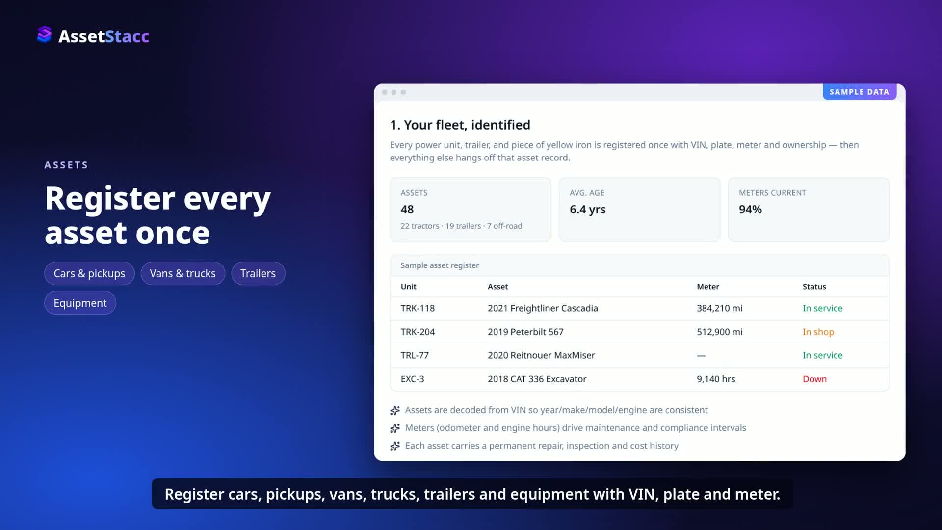 AssetStacc guided-tour sample asset register with vehicles and equipment